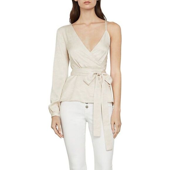 BCBGMAXAZRIA One Shoulder Metallic Peplum Wrap Top Blouse Sz XS - Picture 1 of 4